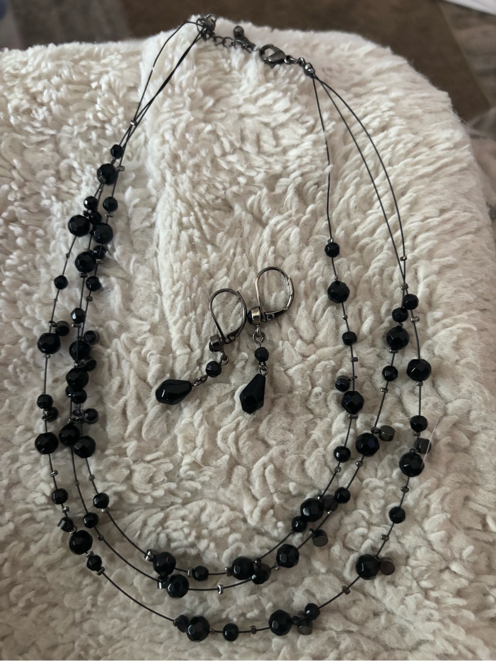 Black Multi-Strand Beaded Necklace with Matching Earrings